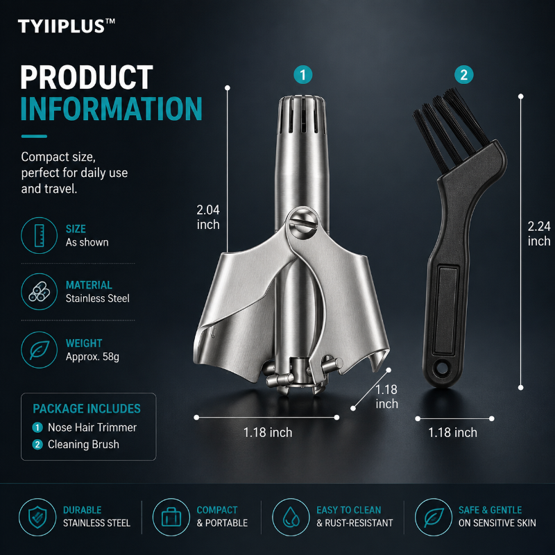 Manual nose hair clipper - stainless steel, 360° cutting head, waterproof and battery fre