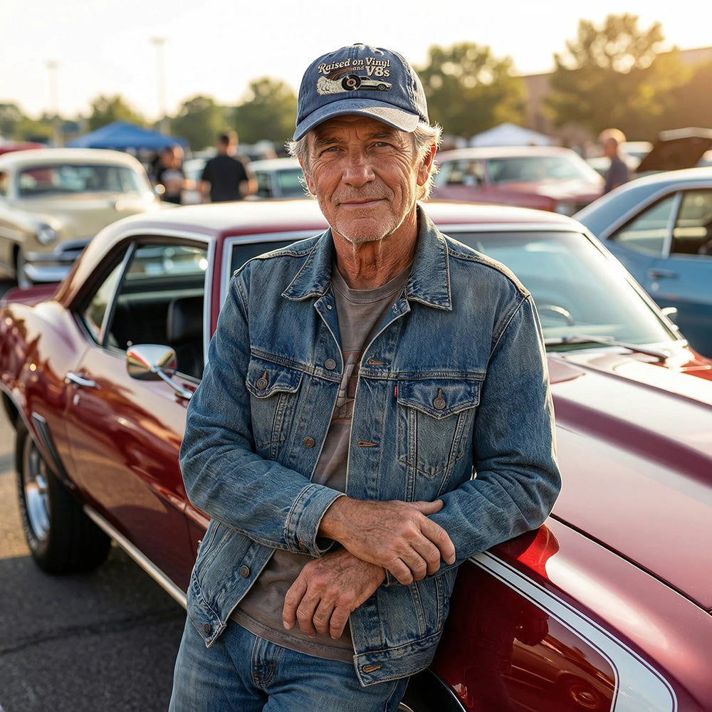 🏽Letzter Tag mit 49 % Rabatt – „Raised on Vinyl and V8s“ – die bestickte Klassiker-Kappe für Motorsportbegeistert