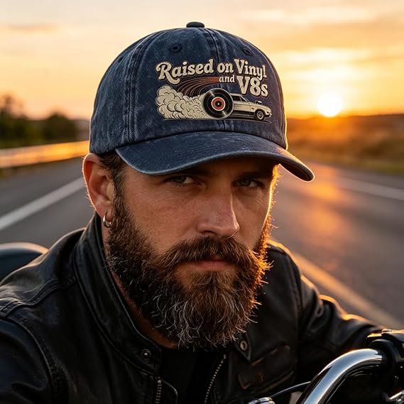 🏽Letzter Tag mit 49 % Rabatt – „Raised on Vinyl and V8s“ – die bestickte Klassiker-Kappe für Motorsportbegeistert