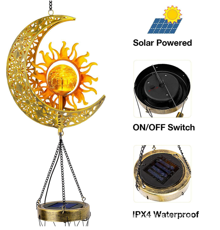 Solar Powered Sun and Moon Shaped Metal Pendant / LED Pattern Outdoor Decoration