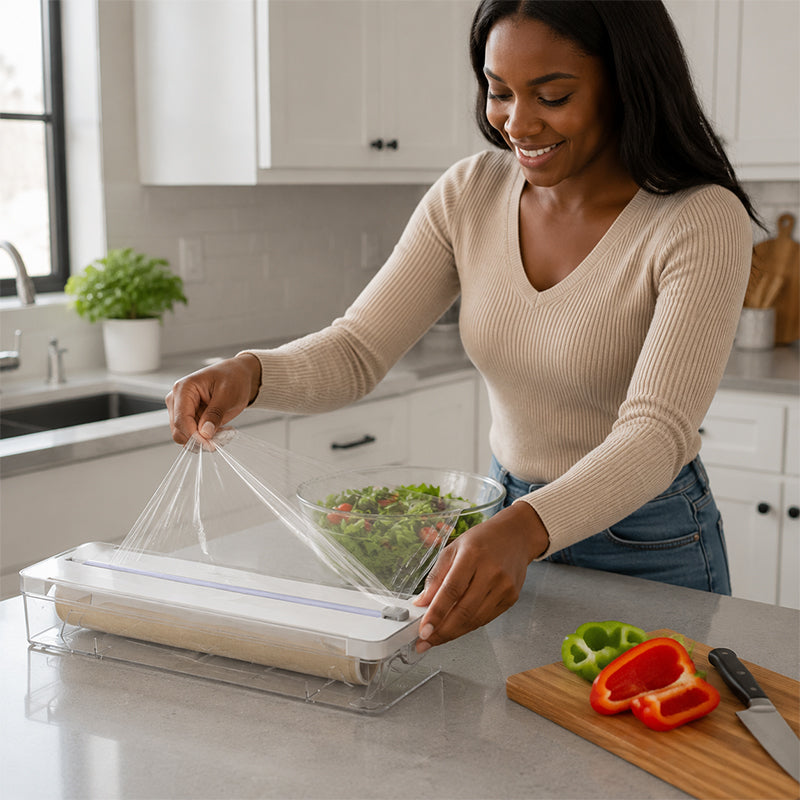 Storage box for aluminum foil, paper and plastic foil in the kitchen