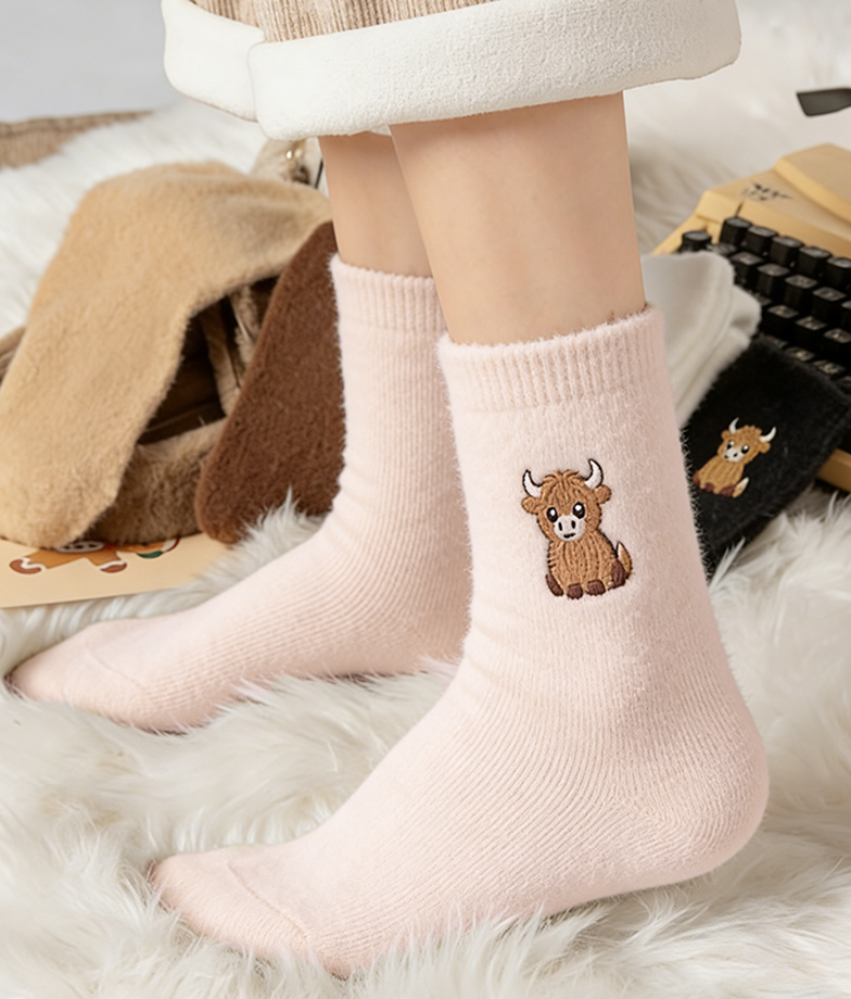 🔥 Niedliche, warme Plüschsocken für Damen mit gesticktem Hochlandrind-Motiv