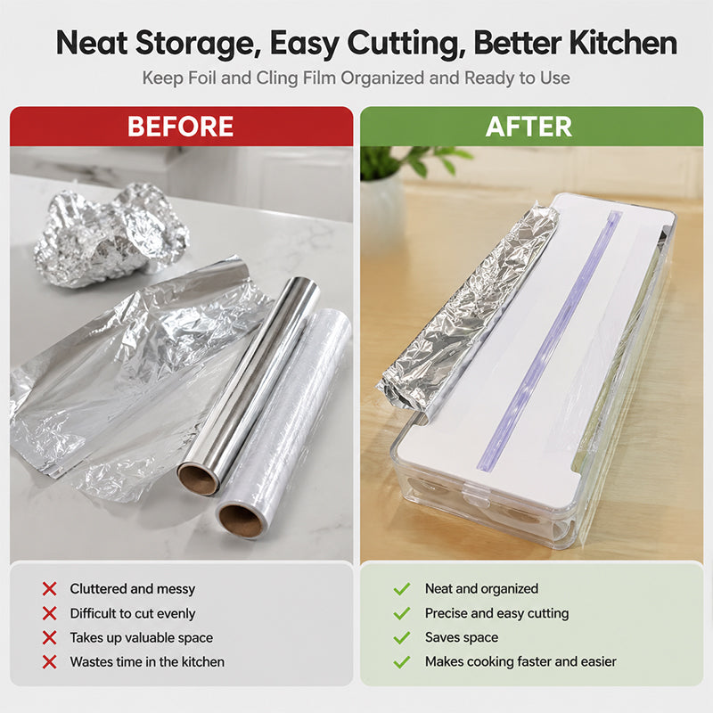Storage box for aluminum foil, paper and plastic foil in the kitchen