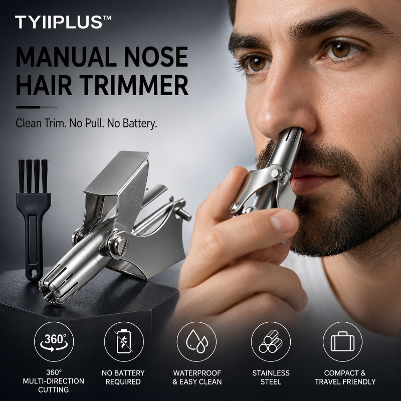 Manual nose hair clipper - stainless steel, 360° cutting head, waterproof and battery fre