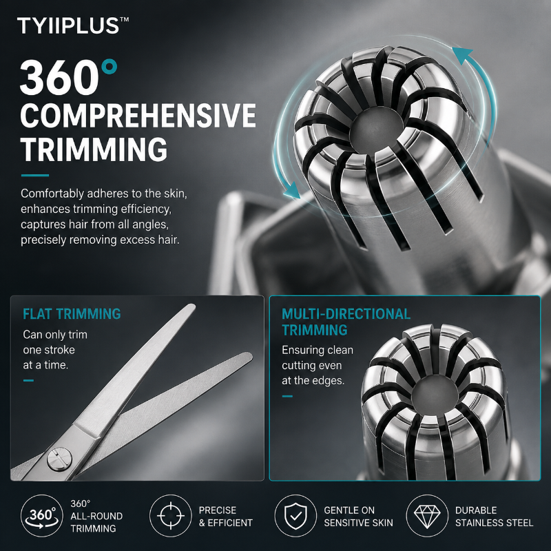 Manual nose hair clipper - stainless steel, 360° cutting head, waterproof and battery fre