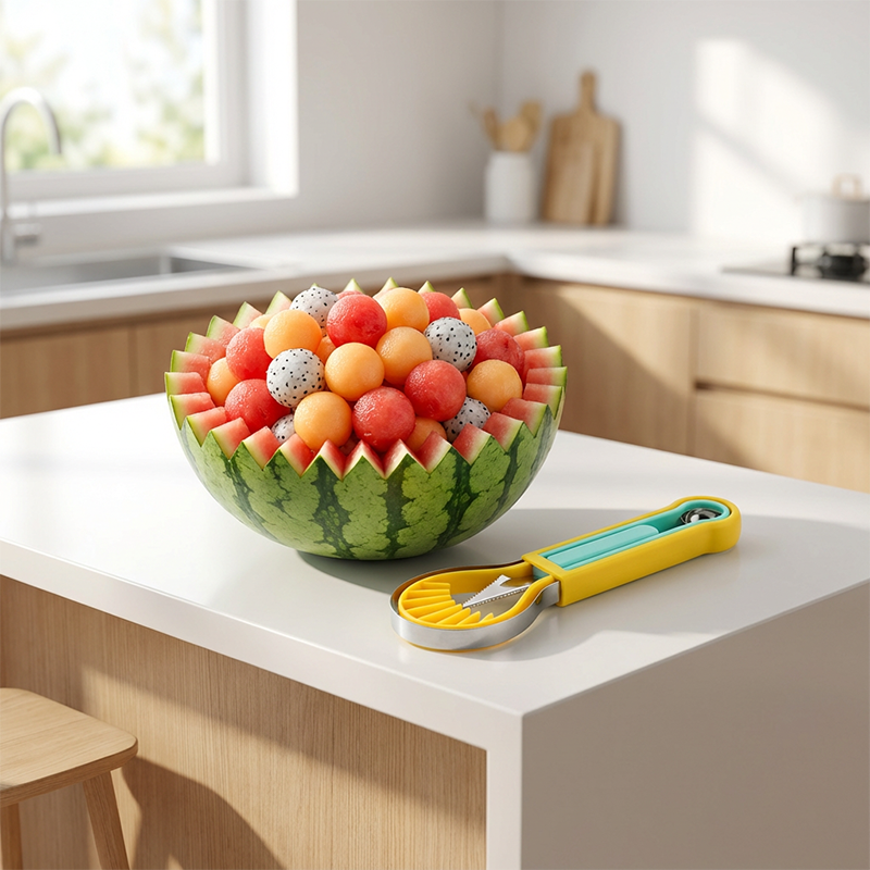 🍉 Get 50% off now! 3-piece set for fruit and melons - for cutting, shaping and decorating - made of stainless steel, compact storage, comfortable to hold - especially suitable for honeydew melon, watermelon and soft fruits