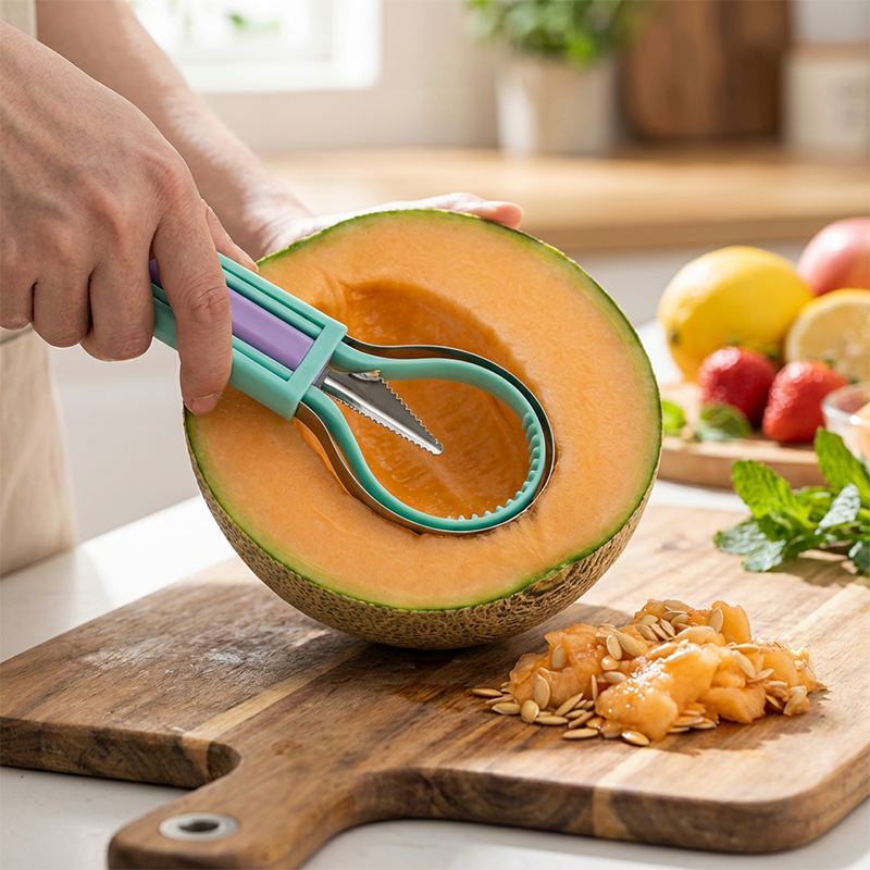 🍉 Get 50% off now! 3-piece set for fruit and melons - for cutting, shaping and decorating - made of stainless steel, compact storage, comfortable to hold - especially suitable for honeydew melon, watermelon and soft fruits