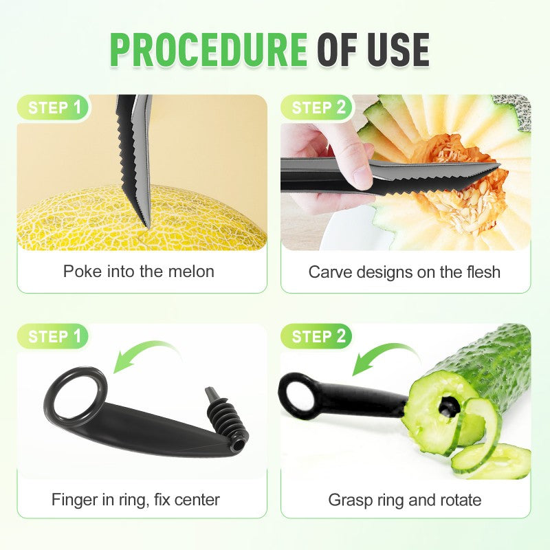 Spiral and V-tool duo for fruit decoratio